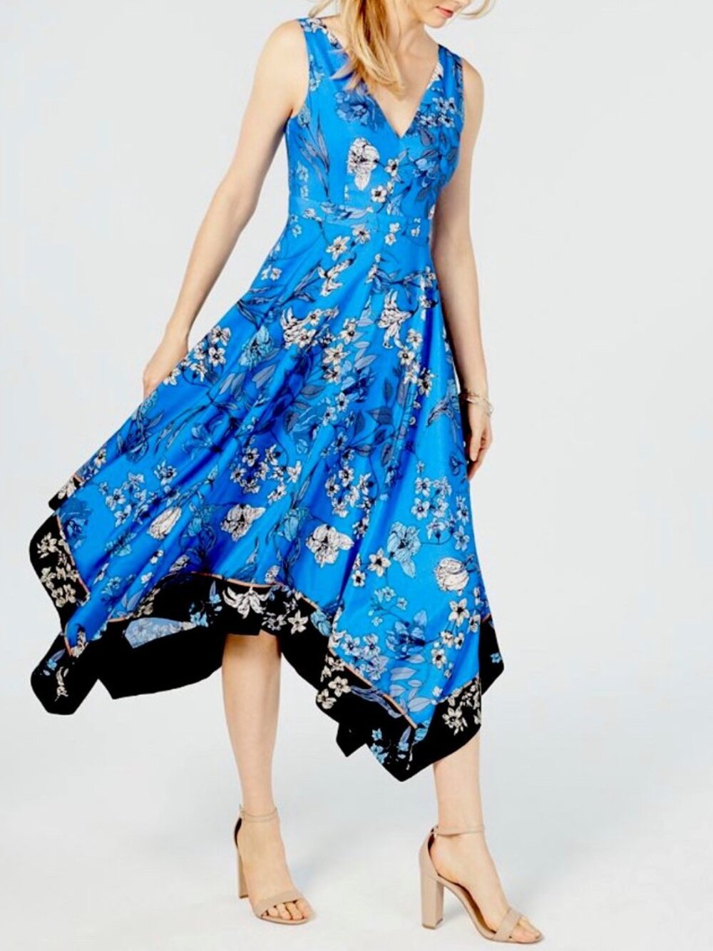 Women’s Blue Vince Camuto V-Neck Handkerchief-Hem Midi Dress Sz 10